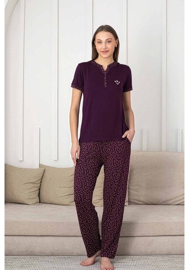 Kadın Mürdüm Desenli V Yaka 3 Düğmeli Likralı Viskon Kısa Kol Pijama Takımı Mürdüm