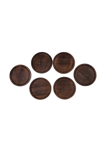 Bambum Patrin Doğal Ahşap Yuvarlak Küçük Tabak 6 Lı Set 25x2 Cm Kahverengi