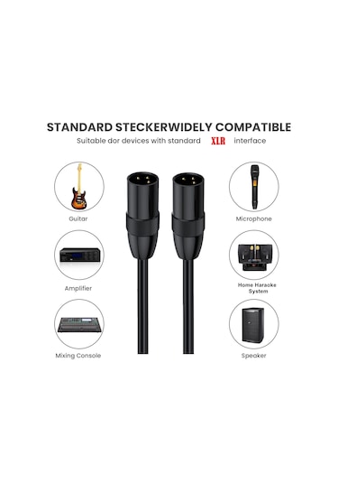 Junsunmay Xlr Erkek - Erkek Mikrofon Kablosu 3 Pin Ses Kablosu Dengeli Korumalı Kablo, Uzunluk: 2m
