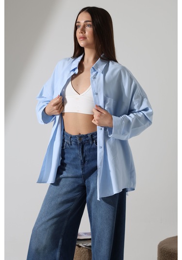 Yeni Sezon Poplin Kumaş Çift Cepli Oversize Pamuklu Kadın Tunik Gömlek Mavi
