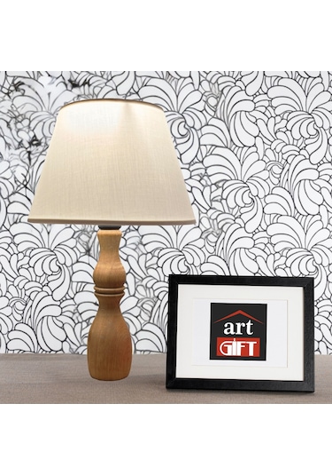 Glad Masif Ahşap Ayaklı Zarif Abajur Konik Krem Başlıklı Masa Lambası Komodin Abajur Krem