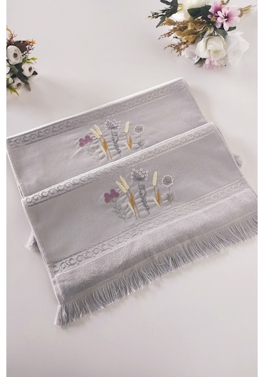 2'li Nakışlı Jakarlı Kadife El Yüz Havlusu - %100 Pamuk - Gri Grı Gri