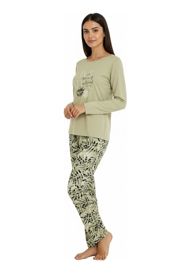 Üstü Yazılı Altı Yaprak Desenli Elite Viscose Pijama Takımı Uzun Yeşil 3559 Yeşil