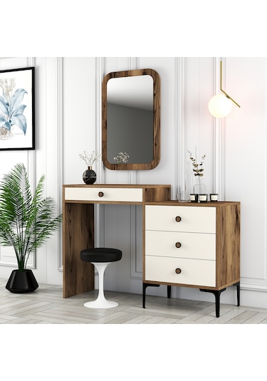Lizbon Makyaj Masası Aynalı - Ceviz / Krem