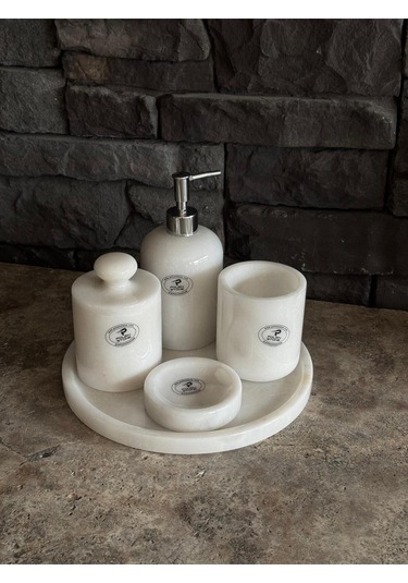 Beyaz Mermer Gümüş Pompalı, Pamukluk Kendinden Tutmalı 5'li Set Beyaz