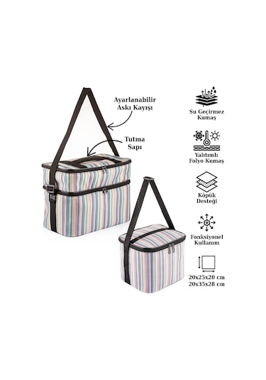 Ns Reliable Kamp Piknik Termal Soğutucu Yalıtımlı Buzluk Termos Çanta 2 Li Set - 960 Çizgi Desenli Çok Renkli