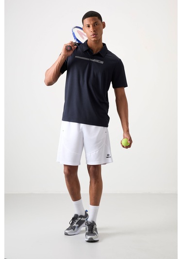 Lacivert Nefes Alan Dokulu İnce Esnek Standart Fit Polo Yaka Erkek Performans T-shirt - 88393 Lacivert