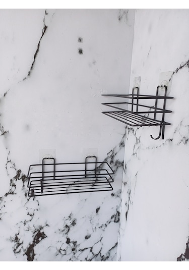Yapışkanlı Kancalı 2 Adet Banyo Rafı Mat Siyah Banyo Duş Rafı Siyah