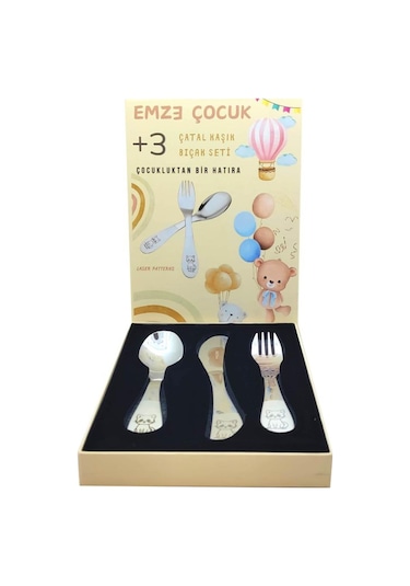Paslanmaz Çelik Kutulu Çocuk Çatal Kaşık Bıçak Seti Kedicik Desenli GÜmüş