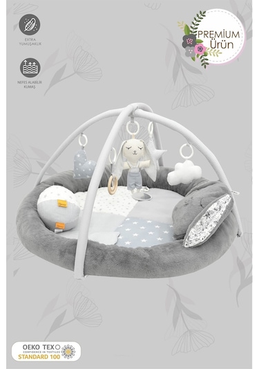 Mordesign Bebek Oyun Alanı, Tavşanlı Bebek Aktivite Matı, Yumuşak Oyun Matı, Baby Gym Serisi, Gri