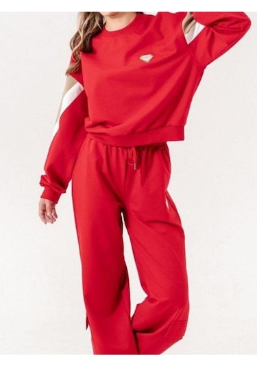 Kız Çocuk 2 İplik Kalp Aplikeli Tasarım Eşofman Takım-14216 Kırmızı