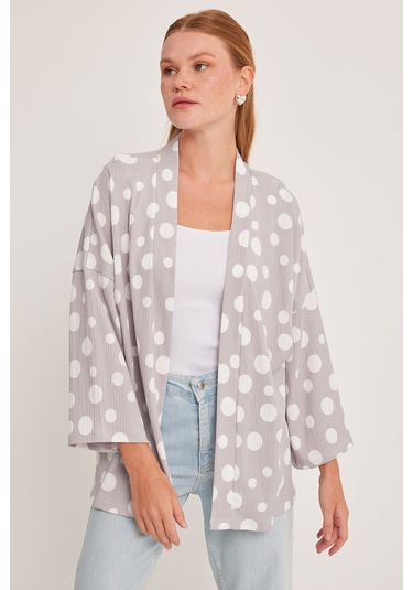 Bigdart Kadın Gri Beyaz Puantiyeli Örme Kimono 5862 001