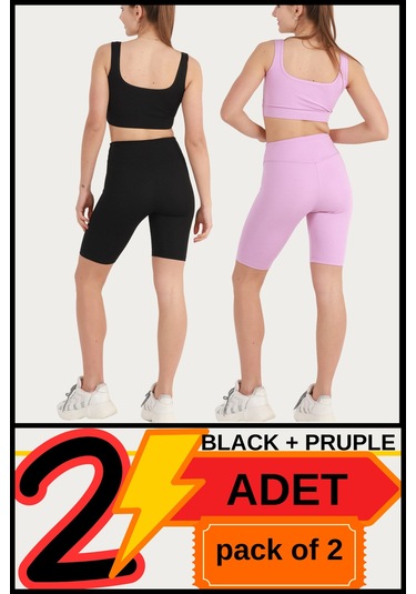 Kadın Yüksek Bel Toparlayıcı Kısa Siyah & Lila Şort Tayt 2'li Paket Lycralı Biker Shorts 21070 Siyah - Lila