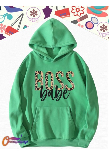 Boss Leopar Kadın Sweatshirt Hoodie Yeşil