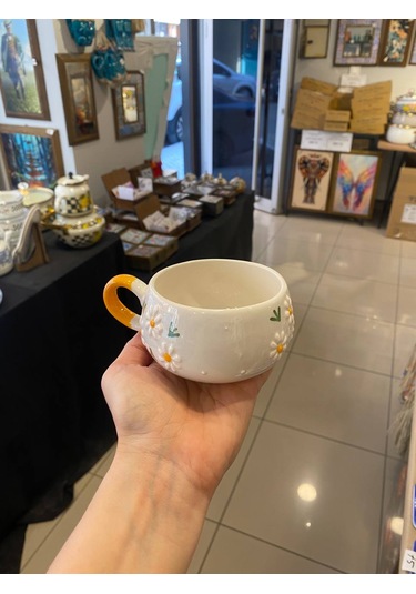 Seramik El Yapımı Fincan Takımı 2'li Set Üçlü Papatya Desenli Beyaz - Sarı