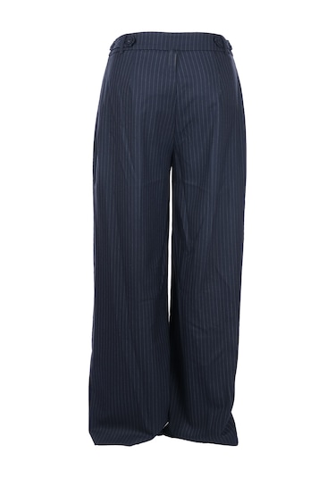 Unique Mode Minimalist Oversize Çizgili Kadın Pantolon - Yüksek Bel Geniş Paça Lacivert