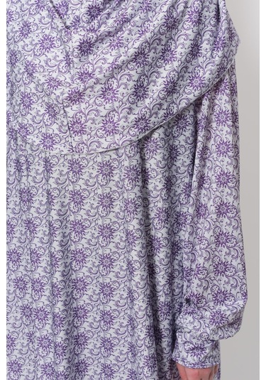 Pratik Tek Parça Güneş Desenli Kollu Tak Çıkar Başörtülü Likralı Tesettür Namaz Elbisesi 990-0302 Açık Mor Antrasit