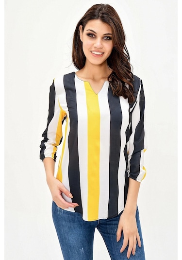 Kadın Siyah & Sarı Yakası Yırtmaçlı Çizgili Krep Bluz Truvakar Kol Kaliteli Dokulu Kumaş Siyah - Sarı