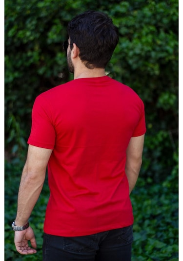 Erkek Kırmızı Çizgi Baskılı Normal Kesim Bisiklet Yaka Erkek Tişört 22etshmros 001