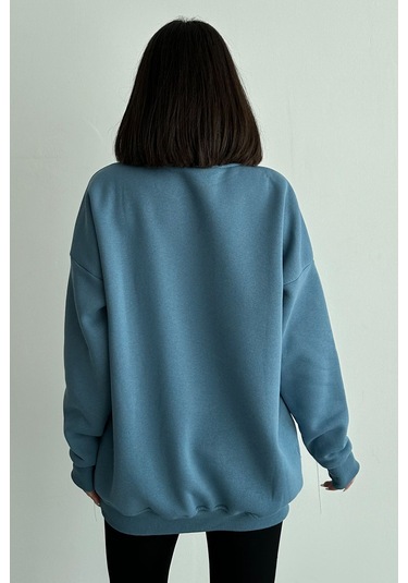 Kadın Mavi Bisiklet Yaka Oversize Sweatshirt Mavi