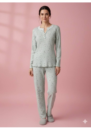 Dantel Yaka Detaylı Pamuklu Penye Kumaş Pijama Takımı Açık Yeşil