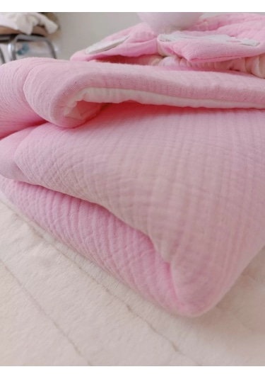 Yenidoğan 4 Kat Müslin Kumaş Kulaklı Patili Fiyonk Bebek Battaniyesi Kundak Pembe Çok Renkli