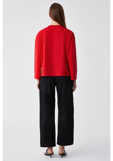 GRIMELANGE Basıl Kadını Oversize %100 Organik Pamuk Örme Uzun Kol Kırmızı T-shirt Kırmızı