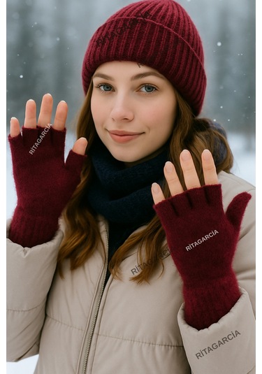 Peluş Kesik Parmak Eldiven Bordo 2