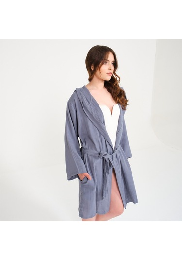 Pamuklu Kısa Kapüşonlu Müslin Kadın Bornoz Antrasit