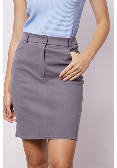 Kadın Cep Detaylı Diz Üstü Hafif Likralı Pamuklu Kumaş Kalem Etek-koyu Gri K.gri