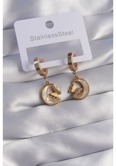 316l Çelik Gold Renk Mineli Ay Figürlü Kelebek Küpe - Tj-bkp9067 Çok Renkli