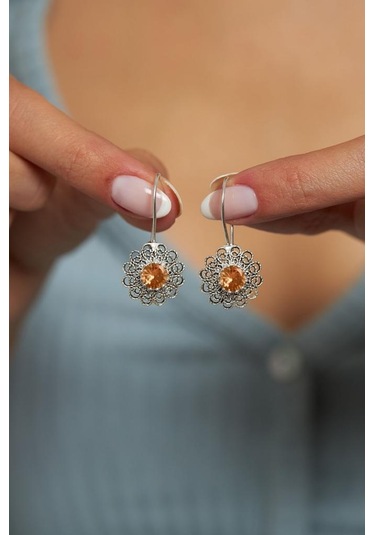 Kasım Sitrin Doğum Taşı Çiçek Motifli Telkari Gümüş Küpe