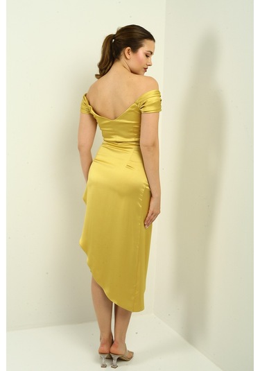 Kadın Madonna Yaka Drapeli Asimetrik Saten Kısa Elbise Sarı