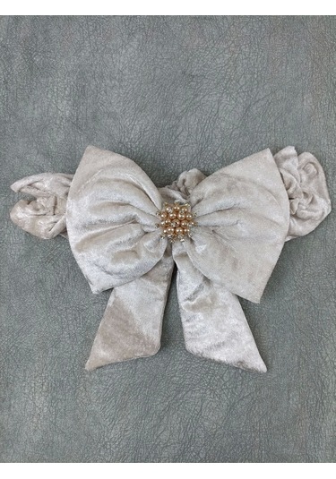 Yenidoğan Saray Kadife Taç Nakışlı İnci Fiyonklu Çift Dantel Duvak Trilüks Kundak Bebek Battaniyesi Vizon-ekru Ekru - Vizon