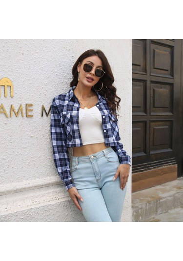 Gmxıa Kadın Modası Günlük Ekose Baskı Uzun Kollu Polo Yaka Bluzlar Ve Gömlekler Mavi