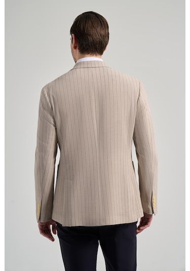 Çizgili Desen Gofreli Mono Yaka Esnek 6 Drop Slim Fit Ceket 1002250122 Koyu Bej