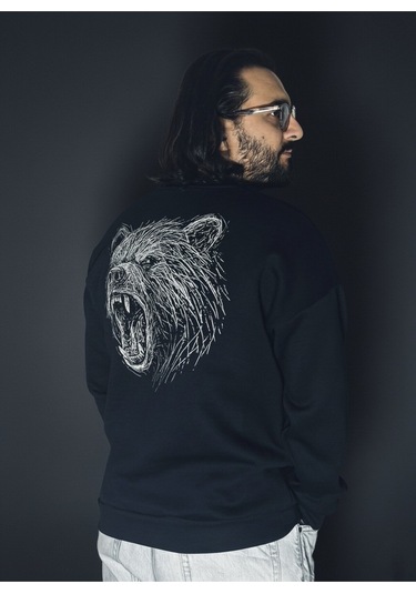 Dark Line Bear Sırt Baskılı %100 Pamuk Unisex Siyah Oversize Sweatshirt Siyah