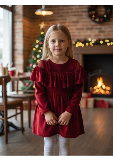 Kız Çocuk Omuzları Açık Kat Kat Fırfırlı Kırmızı Kadife Elbise-16404 Kırmızı