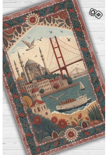 Homshtag Şehirlerde İstanbul Dijital Baskılı Şehir Temalı Halı Çok Renkli