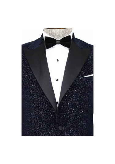 Wessi Işıltılı Çiçek Desenli Lacivert Erkek Smokin Ceket Lacivert