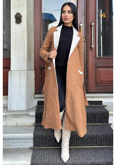 Taba Çift Taraflı Kruvaze Yaka, Kuşaklı, Yumoş Dokulu, Duble Kaşe Uzun Ceket Taba