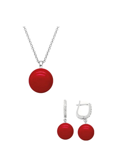 Gümüş Yuvarlak Model Kolye Küpe Mercan Taşlı Set 8 Mm