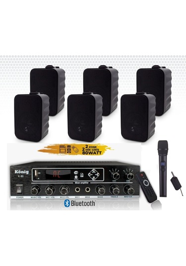 6 Li Duvar Hoparlörlü El Mikrofonlu Bluetooth Anfi Ses Sistemi Seti