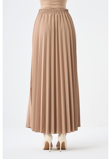 Basic Örme Pliseli Krep Bej Etek 001