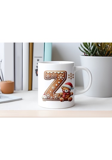 Z Kurabiye Harf Ve Ayıcık Detaylı Kupa Bardak - Yeni Yıl / Yılbaşı Temalı Tasarım - Noel Hediye Beyaz