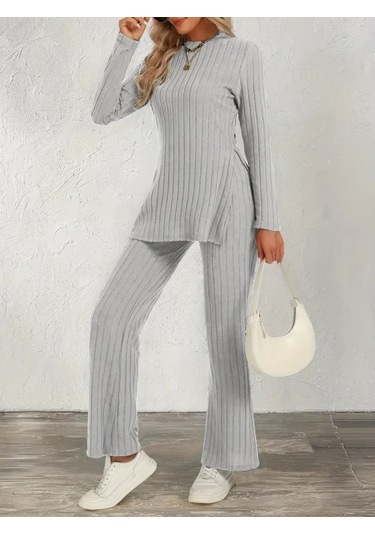 Evyora Kadın Uzun Kollu Bisiklet Yaka Yandan Yırtmaçlı Şardonlu Kaşkorse Bluz Ve Pantolon Ikili Takım Gri Evyora Kadın Uzun Kollu Bisiklet Yaka Yandan Yırtmaçlı Şardonlu Kaşkorse Bluz Ve Pantolon Ikili Takım Gri