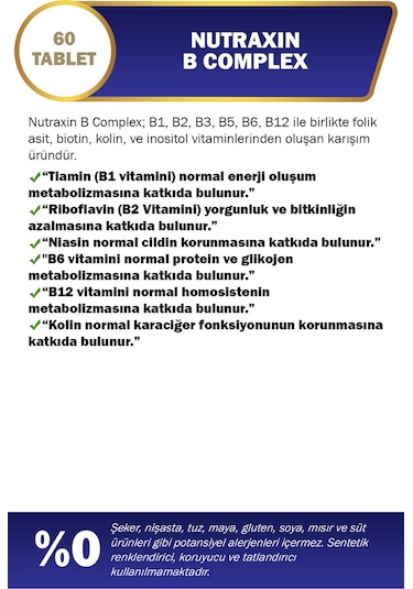 Nutraxin B Complex Vitamin 60 Tablet - B1, B2, B3, B5, B6, B12, Folik Asit, Biotin, Kolin, İnositol