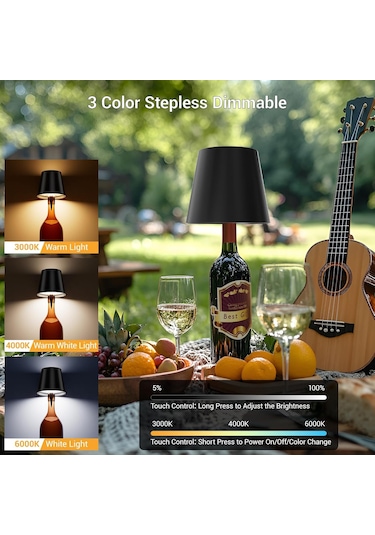 Wezone Siyah Doksanlı Led Şarap Şişesi Işığları - 3 Seviye Dokunmatik Parlaklık Ayarlı, Şarj Edilebilir, İç/ Dış Mekanlar İçin 2'li Paket Siyah