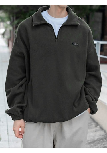 Genıus Store Erkek Polar Oversize Sweatshirt Polar Sweatshirt Haki