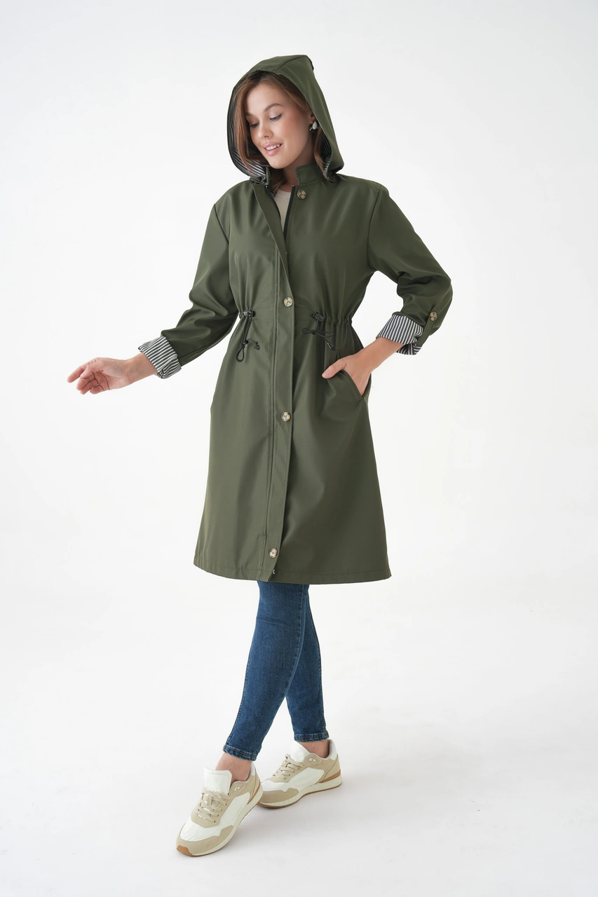 Kadın Rüzgar Ve Su Geçirmez Bondit Kumaş Çıkarılabilir Düğmeli Kapüşon Beli Tünelli Mevsimlik Trençkot Haki
